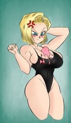 android_18 angry angry_expression angry_face big_ass big_breasts big_butt blonde_female blush blushing breasts cleavage dragon_ball dragon_ball_super dragon_ball_z female female_only food_on_breasts funsexydragonball huge_breasts ice_cream krimreaper one-piece_swimsuit recolor shounen_jump solo tight_bikini