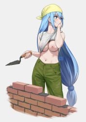 1girls aqua_(konosuba) aqua_eyes aqua_hair areolae big_breasts blue_hair blush breasts brick_wall bricks building carlo_montie construction_site exposed_breasts female female_only flashing flashing_breasts highres kono_subarashii_sekai_ni_shukufuku_wo! large_breasts light-skinned_female long_hair looking_away navel nipples no_bra pants ponytail see-through see-through_clothing shirt solo stomach sweating sweats tagme trowel very_long_hair wet_clothes white_background wiping_sweat wiping_with_shirt