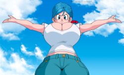 1girls below_view big_breasts blindstash blue_eyes blue_hair bulma_briefs canonical_scene dragon_ball dragon_ball_super jjackdemoi massive_breasts redraw tagme