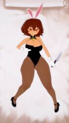 1girls 3d 3d_(artwork) black_clothing blush breasts brown_hair bunny_ears bunnysuit chara choker ex!chara ex!tale fanart female female_only fishnets gloves high_heels human human_female human_only iopuerto karate_hoe knife large_breasts looking_at_viewer lying lying_on_back lying_on_bed necklace nipples pendant red_eyes short_hair sleeves small_waist smile solo touching_breast undertale undertale_(series) white_gloves