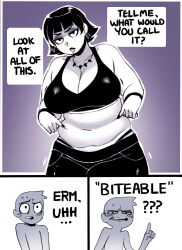 1boy 1girls 2022 belly big_breasts breasts chubby cleavage curvaceous curvy earrings english english_text female goth goth_girl hips lazorchef male monochrome necklace slightly_chubby speech_bubble text voluptuous