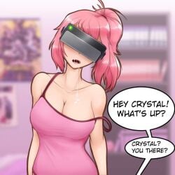 big_breasts comic crystal_(lewd-zko) dialogue drool drooling drooling_on_tits hypnosis hypnotized lewd-zko mind_control pink_hair pov slim_waist submissive_female tank_top text text_bubble vr_headset zko