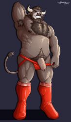 absurd_res anthro beard big_penis bovid bovine brown_body brown_fur cattle clothing facial_hair footwear foreskin fur genitals hair hi_res horn jockstrap legwear male male/male mammal muscular nipples nude pattern_background pecs penis rope simple_background socks solo uncircumcised underwear water