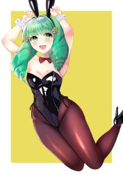 1girls alternate_costume armpits bangs bunny_ears bunny_girl bunny_pose bunnysuit cleavage female female_only fire_emblem fire_emblem:_three_houses flayn_(fire_emblem) gesture green_eyes green_hair high_heels jumping leotard looking_at_viewer medium_breasts medium_hair nintendo pantyhose pose smile solo tara_(szzj7733) twintails