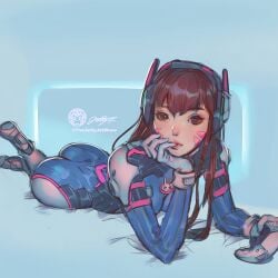 1girls ass ass_focus big_ass d.va female female_only korean light-skinned_female overwatch overwatch_2 painting_(artwork) playstation playstation_controller thejettyjetshow tight_clothing zero_suit