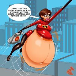 1girls belly big_belly big_breasts bloated bloated_belly breasts brown_hair dialogue disney elastigirl female food helen_parr huge_belly large_breasts mature_female milf molotco mother pixar smooth_skin stomach_noises stuffed stuffed_belly stuffing superheroine text the_incredibles