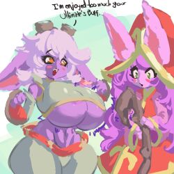 breast_expansion goggles_on_head huge_breasts huge_thighs league_of_legends lulu_the_fae_sorceress papsadachi tagme tristana using_magic yordle