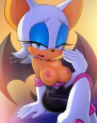 1girls anthro bat bat_wings blue_eyes breasts_out crossed_legs exposed_breasts eyeshadow fanning_self lipstick loodncrood no_bra rouge_the_bat sega sonic_(series) sonic_the_hedgehog_(series) sweat wet_skin