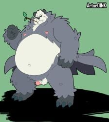 2022 anthro artur_oink balls belly big_belly black_body black_nose genitals hi_res humanoid_genitalia humanoid_hands humanoid_penis male male_focus male_only navel nintendo nipples overweight overweight_male pangoro penis pokémon_(species) pokemon simple_background small_penis solo video_games white_body