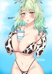 bikini bikini_top blush blush_lines boba_tea bubble_tea_challenge ceres_fauna cow_bikini flowers_in_hair green_hair hands_on_shoulders hololive hololive_english hololive_english_-council- hololive_english_-promise- horns large_breasts milk nail_polish simple_background sleeves text virtual_youtuber yellow_eyes yirusann