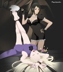 2girls bare_legs bare_shoulders black_hair blonde_hair bondage breasts cleavage closed_eyes dominant dominant_female dress duster femdom femsub gloves implied_yuri ino_yamanaka laughing legs_together legs_up lipstick long_hair lying_down lying_on_back maid maid_outfit maid_uniform makeup naruto naruto:_the_last naruto_(series) naruto_shippuden no_bra open_mouth psyclopathe shizune sleeveless_dress standing submissive submissive_female tickle_torture tickling tickling_feet tied_arms tied_legs tied_up very_long_hair yuri