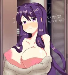 1girls big_breasts blush breasts breasts_out breasts_out_of_clothes breasts_outside closet dialogue doki_doki_literature_club english_text female flustered grey_sweater mysaltisexposed nipples purple_eyes purple_hair solo sweater sweater_down text yuri_(doki_doki_literature_club)