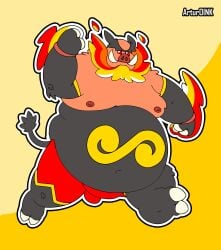 2022 absurd_res anthro artur_oink belly big_belly biped black_body emboar hi_res male moobs navel nintendo nipples obese obese_male orange_body overweight overweight_male pokémon_(species) pokemon red_body solo video_games