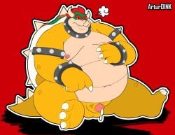 2022 absurd_res anthro artur_oink belly big_belly bowser genitals hi_res koopa male male_only mario_(series) moobs nintendo nipples obese obese_male overweight overweight_male penis red_background scalie simple_background sitting small_penis solo solo_male video_games