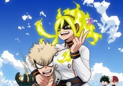 1girls 3boys angry_face arm_around_neck bakugou_katsuki big_breasts blue_sky breasts_in_face breasts_pressed_against_partner burnin_(my_hero_academia) busty clothed face_to_breasts female female_human fire head_grab hero_outfit_(mha) hugging human izuku_midoriya kamiji_moe katsuki_bakugou midoriya_izuku moe_kamiji my_hero_academia older_female pressed_against pressed_together pressing_against_cheek shouto_todoroki sky spiky_hair superhero_costume superheroine teeth tight_clothing todoroki_shouto vvatari younger_male