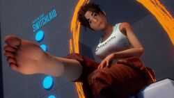 brown_hair chell feet foot_fetish orange_pants portal portal_(series) soles switchlaid tank_top