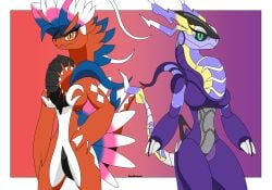 2girls breasts dragon female female_only koraidon legendary_pokémon looking_at_viewer miraidon nintendo pokémon_(species) pokemon pokemon_sv purple_body red_body samrunner thick_thighs thighhighs thighs video_games