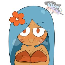 1girls :3 big_breasts blue_hair blush breasts cleavage clothed clothing cookie_run eyebrows_visible_through_hair eyelashes fang female female_only flower flower_in_hair hair hi_res holding_breast long_hair looking_at_viewer nicowashere open_mouth orange_clothing orange_eyes panting presenting presenting_breasts seductive simple_background solo steam steamy_breath sweat sweatdrop tagme tan_body tan_skin tiger_lily_cookie visible_breath white_background