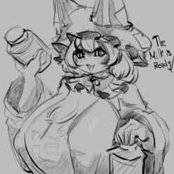 english_text fluffy_tails fox_ears holding_object huge_breasts kitsune large_breasts milk_bottle monochrome papsadachi ran_yakumo tagme text touhou yokai