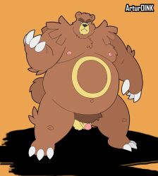 2022 anthro artur_oink balls belly big_belly brown_body genitals hi_res male male_only moobs navel nintendo nipples overweight overweight_male penis pokemon simple_background small_penis solo ursaring video_games