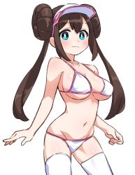 1girl 1girls belly_button bikini bikini_bottom bikini_top blue_eyes blush blush_lines blushing breasts brown_hair cameltoe hairbuns large_breasts long_hair looking_at_viewer nullgeeee owo pokemon pokemon_bw2 rosa_(pokemon) sideboob solo solo_female tagme teenager thigh_highs thighhighs twintails underboob visor_cap w_mouth white_background white_bikini white_pupils white_thigh_highs white_thighhighs young