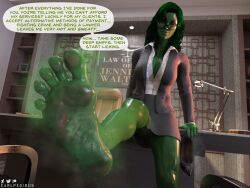 1girls 3d barefoot big_breasts breasts cleavage commissioner-sinistersh0t dialogue earlpedibus feet female femdom foot_fetish glasses green_hair green_skin marvel marvel_comics she-hulk smelly_feet sweat text