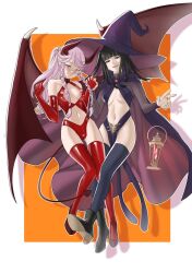 2girls ass_visible_through_thighs black_eyes black_hair boots braid breasts demon_girl elbow_gloves female female_only fire_emblem fire_emblem_awakening gloves grin halloween halloween_costume hat holding_hands latex long_hair looking_at_viewer medium_breasts multiple_girls navel nintendo olivia_(fire_emblem) panties pink_eyes pink_hair pomelomelon ponytail red_panties revealing_clothes sideboob smile succubus tharja_(fire_emblem) thigh_gap thighhighs twin_braids underwear witch witch_hat