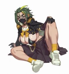 1girls 2022 big_breasts breasts cleavage face_mask female female_focus female_only gloves green_hair huge_breasts large_breasts looking_at_viewer midori_(rizdraws) mouth_mask original original_character piercing rizdraws shoes short_hair skirt solo solo_female thighs voluptuous white_background