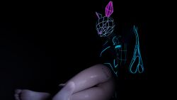 4k black_background bunny_costume bunnywolf_(fortnite) depresso_v1 feet fortnite glowing laying_on_side legs looking_at_viewer neon panties_removed solo_female tattoo_on_butt