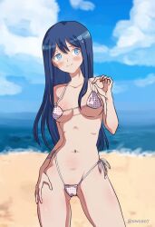 1girls 2022 artist_name artist_request beach belly belly_button bikini bikini_bottom bikini_top blue_eyebrows blue_eyes blue_hair blue_sky blush blush_lines blush_stickers blushing_at_viewer blushing_profusely cameltoe cloud clouds cloudy_sky danganronpa danganronpa:_trigger_happy_havoc danganronpa_1 danganronpa_s:_ultimate_summer_camp eyebrows eyebrows_visible_through_hair facing_forward female female_focus female_only hair hairclip hairclips heart light-skinned_female light_skin long_hair looking_away maizono_sayaka medium_breasts nipples_visible_through_clothing polka_dot polka_dot_bikini posing sand skimpy skimpy_bikini skimpy_clothes sky slim slim_waist smiling smooth_skin solo solo_female solo_focus string_bikini string_bra string_panties white_bikini white_bikini_bottom white_bikini_top