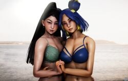 2girls big_breasts bikini black_hair blue_hair bra breasts female_focus female_only long_hair looking_at_viewer monarchnsfw neon_(valorant) riot_games sage_(valorant) short_hair valorant