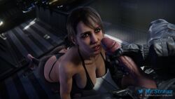 3d 3d_(artwork) ass big_ass big_boss big_butt big_penis bikini brown_hair cleavage cock_worship green_eyes kneeling looking_at_viewer metal_gear metal_gear_(series) metal_gear_solid_v oral oral_sex panties penis quiet_(metal_gear) strauzek thick_ass veiny_penis venom_snake