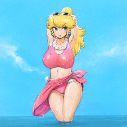 1girls 2022 alternate_costume areolae areolae_visible_through_clothing armpits arms_behind_head bangs big_breasts bikini blonde_female blonde_hair blue_background blue_eyes blue_sky breasts buredoran busty cameltoe cleavage closed_mouth collarbone covered_erect_nipples earrings eyelashes eyewear_on_head female female_only flower flower_necklace gluteal_fold highres jewelry large_breasts legs_together lips long_hair looking_away mario_(series) navel necklace nintendo nipples ocean partially_submerged pink_bikini pink_sarong ponytail pose posing princess princess_peach royalty sarong see-through sensual sky smile solo standing stomach sunglasses sunglasses_on_head super_mario_odyssey swimsuit taut_bikini taut_clothes thighs water wet white-framed_eyewear