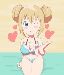 1girls arm_support big_breasts bikini blend_s blonde_female blonde_hair blowing_kiss blue_bikini blush breasts busty double_bun female female_only hair_bun heart highres hinata_kaho large_breasts legs navel one_eye_closed solo swimsuit thick_thighs thighs wink