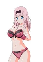 1girls arms_behind_back big_breasts blue_eyes bra breasts busty cleavage female female_only fujiwara_chika hi_res kaguya-sama_wa_kokurasetai_~tensai-tachi_no_renai_zunousen~ large_breasts legs lingerie long_hair navel panties pink_bra pink_hair pink_panties solo thighs underwear untied_bra