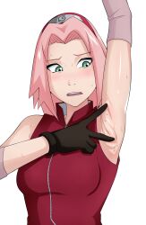 1girls armpit armpit_crease armpit_fetish armpit_peek armpit_pussy armpits arms_behind_back arms_up blushed clothed confused female female_only fetish fully_clothed gatuno gloves kink naruto naruto_shippuden pink_hair sakura_haruno small_breasts solo spreading spreading_armpit sweat sweatdrop underarm white_skin