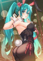 1girls animal_ears aqua_eyes aqua_hair aqua_nails armpits arms_up big_ass big_breasts breasts bubble_butt bunny_day bunny_ears bunny_girl bunnysuit busty dat_ass female female_only flower hair_ornament hatsune_miku highres inue_ao large_breasts looking_at_viewer looking_back nail nail_polish open_mouth pantyhose rabbit_ears ribbon rose sideboob solo thong_leotard twintails vocaloid