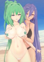 2girls 3d big_breasts bikini black_bikini breast_grab breasts busty cleavage cpu_(neptunia) female female_only goddess grabbing green_hair green_heart hi_res iris_heart large_breasts long_hair multiple_girls navel neptunia_(series) open_mouth plutia purple_eyes purple_hair red_eyes smile swimsuit thong_bikini vert white_bikini yuri