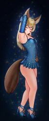 1girls animal_ears animal_tail armpits arms_behind_head babyserval_(artist) blonde_female closed_eyes elin female_only high_heels miniskirt solo standing tagme tera_online