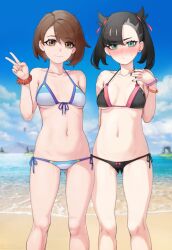 2girls beach bikini black_bikini black_hair black_swimsuit blue_bikini blue_swimsuit bow_bikini box20502017 bracelet breasts brown_eyes brown_hair clouds corviknight earrings female female_only front-tie_bikini gloria_(pokemon) green_eyes island marnie_(pokemon) multiple_girls navel nintendo outdoors outside pokemon pokemon_ss short_hair side-tie_bikini small_breasts swimsuit twintails water xiangzi_box