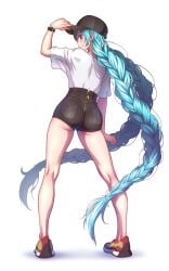 ass ass_zipper baseball_cap blue_eyes blue_hair casual casual_clothes earrings female hatsune_miku high_waisted_bottomwear high_waisted_jeans high_waisted_pants jojo_pose long_twintails looking_at_viewer looking_over_shoulder no_socks shirt shirt_tucked_in shorts tennis_shoes twintails vocaloid watch white_shirt wokada wristwatch zipper