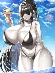 beach big_breasts bikini black_bikini black_hair blinding_bangs cleavage demon_girl demon_slayer female female_only grey_body grey_skin hair_over_eyes highleg highleg_bikini hime_cut huge_breasts ice_cream kimetsu_no_yaiba long_fingernails long_hair massive_breasts nakime outdoors outside partially_submerged shiny_skin smile solo swimsuit thick_thighs very_long_hair water wet wet_skin wide_hips yukkurikaho