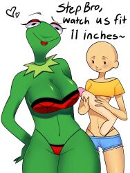 2girls bald big_breasts caillou caillou_(character) cleavage crossover female female_only genderswap green_skin kermit_the_frog large_breasts multiple_girls ohgodwhy rule_63 shorts small_breasts underboob wide_hips wtf