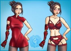 1girls 2d_(artwork) blush breasts brunette demi_(fortnite) female female_only fortnite goldennthorn headgear light-skinned_female lingerie looking_at_viewer pantyhose partially_clothed pawg ponytail prosthetic_arm red_dress red_lipstick short_hair simple_background slim_waist standing stockings tagme thick_thighs video_games voluptuous watermark