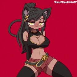 1girls :3 animal_ears animated bedroom_eyes belly belly_button belt black_hair bouncing_breasts busty cat_ears cat_tail catgirl cleavage cleavage_cutout clothed dark_skin female_only fit_female gloves hair_ornament indie_virtual_youtuber large_breasts long_hair looking_at_viewer music ponytail scruffmuhgruff shorts simple_background simple_shading slim slim_waist solo solo_female sound speech_bubble sulkycats tagme tail tailwag thighhighs topwear video virtual_youtuber voice_acted vtuber watermark