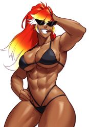 1girls armpits athletic big_breasts bikini black_thong blonde_female breasts dark-skinned_female female female_only flaming_hair kamina_shades muscular orange_hair red_hair solo sotcho sunglasses teeth_showing tinted_eyewear yellow_hair