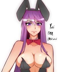 1girls big_breasts big_breasts black_bunny_ears black_bunnysuit blush bowtie bowtie_collar bunny_ears bunny_girl bunnysuit doki_doki_literature_club female katsunei looking_at_viewer purple_eyes purple_hair red_bowtie solo white_background yuri_(doki_doki_literature_club)