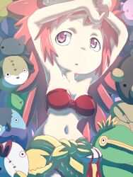 1girls armpits arms_above_head arms_up bandeau_bikini big_breasts breasts busty cleavage female female_only hi_res large_breasts made_in_abyss mitty navel pink_eyes pink_hair pose sarong short_hair solo stuffed_animal stuffed_toy