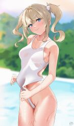 1girls armpits barbara_(genshin_impact) bare_shoulders belly belly_button big_breasts blonde blonde_female blonde_hair blue_eyes blush blushing breasts competition_swimsuit female female_only genshin_impact in_water light_blush nun one-piece_swimsuit petite pigtails pulling_clothing ryudraw shoulders slight_blush swimsuit swimwear tagme thick thick_thighs thighs tummy twintails water wet wet_body wet_clothes wet_skin