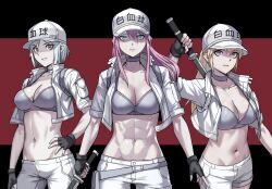 3girls abs artist_request baseball_cap big_breasts blonde_female blonde_hair bra breasts busty cells_at_work character_request cleavage female female_only grey_hair hand_on_hip hat hataraku_saibou highres jacket large_breasts long_hair looking_at_viewer midriff multiple_girls navel open_clothes open_jacket pink_hair pose posing short_hair shorts smile sword toned underwear weapon